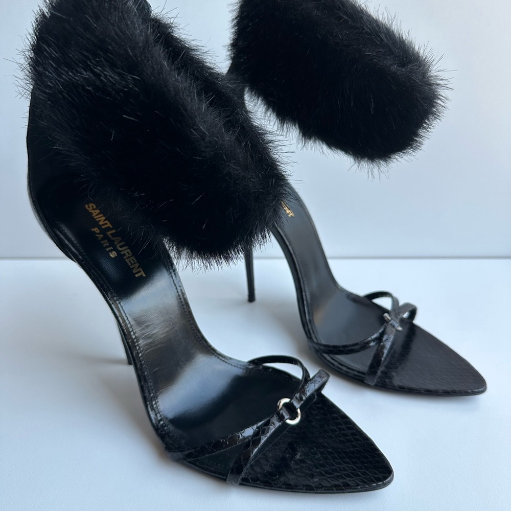 NEW!!!! SAINT LAURENT Gippy 110mm fur-trim sandals - Picture 7 of 12